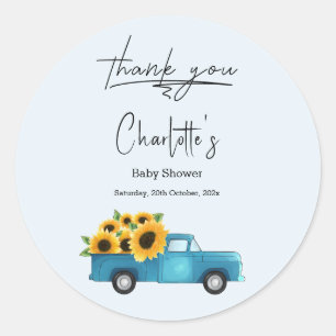 Aquarell-LKW mit Sonnenblumen-Baby-Party Runder Aufkleber