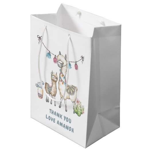 Aquarell Llama-Kinderdusche Mittlere Geschenktüte (Vorderseite Schrägansicht)