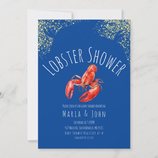 Aquarell Lobster Party Baby Dusche Blue Gold Einladung (Vorderseite)