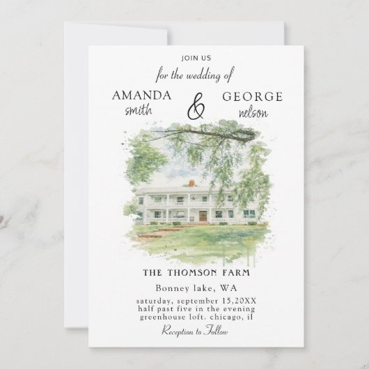 Aquarell-Location-Hochzeit Einladung (Vorderseite)