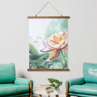 Aquarell-Lotus Wandteppich Mit Holzrahmen