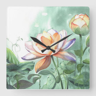 Aquarell-Lotus-Wanduhr Quadratische Wanduhr