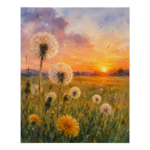 Aquarell-Löwenzahn bei Sonnenuntergang-Wiesenlands Poster