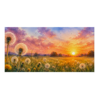 Aquarell-Löwenzahn bei Sonnenuntergang-Wiesenlands Poster