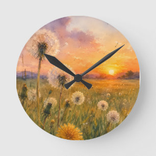Aquarell Löwenzahn bei Sonnenuntergang Wiesenlands Runde Wanduhr