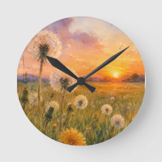 Aquarell Löwenzahn bei Sonnenuntergang Wiesenlands Runde Wanduhr