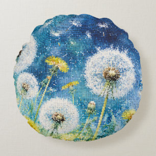 Aquarell-Löwenzahn-Träume Geometrische Blütenprach Rundes Kissen