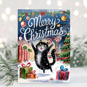 Aquarell lustige schwarze Katze Frohe Weihnachtska Feiertagskarte