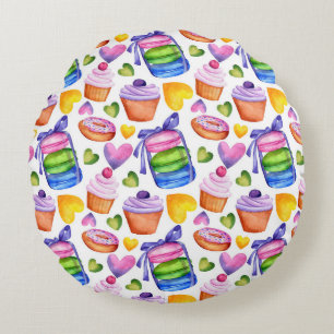 Aquarell-Macarons- und süße Cupcakes-Muster Rundes Kissen