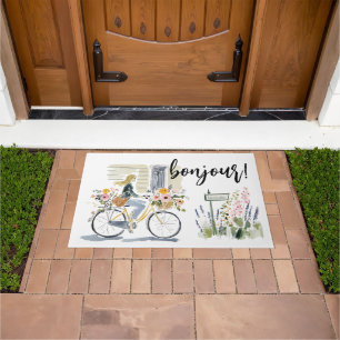 Aquarell-Mädchen auf dem Fahrrad Bonjour! Fußmatte