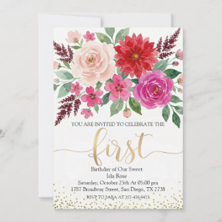Aquarell-Mädchen-Geburtstags-Blumen-Gold-Glitter Einladung