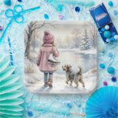 Aquarell-Mädchen mit Schlittschuhen und Hund Pappteller (Party)