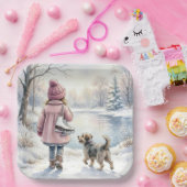 Aquarell-Mädchen mit Schlittschuhen und Hund Pappteller (Party)