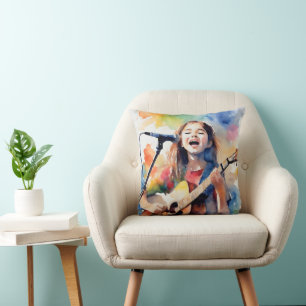 Aquarell-Mädchen singt und spielt Gitarre, Farbe Kissen