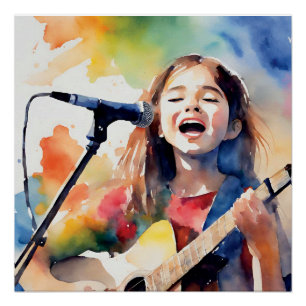 Aquarell-Mädchen singt und spielt Gitarre, Farbe Poster