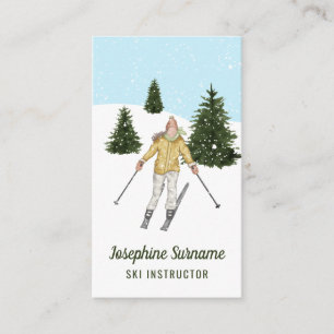 Aquarell Mädchen Skifahren auf Pisten Skilehrer Visitenkarte
