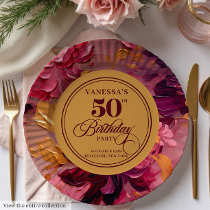Aquarell Magenta Rosa Goldene 50. Geburtstags-Tell Pappteller