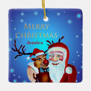 Aquarell Magischer Weihnachtsmann Lächelnder Rudol Keramikornament