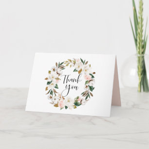Aquarell-Magnolien und Baumwoll-Kranz-Hochzeit Dankeskarte