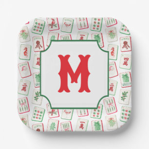 Aquarell Mahjong Rot & Grün Weihnachten Monogramm Pappteller