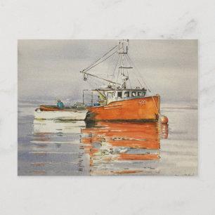 Aquarell Maine Fischerboot Ozean Orange Friedlich  Postkarte