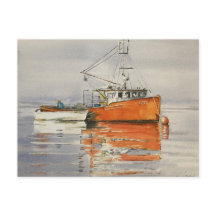 Aquarell Maine Fischerboot Ozean Orange Friedlich