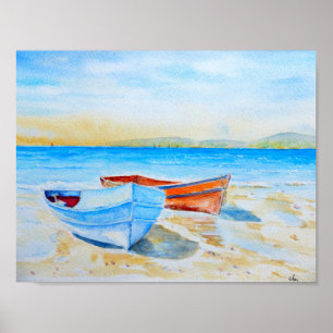 Aquarell-Malerei-Strandboote Poster