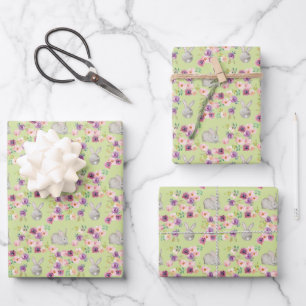 Aquarell-Malhasen-Osterhasen-Blumen Geschenkpapier Set