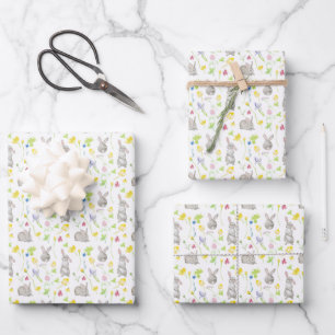 Aquarell-Malhasen-Osterhasen-Blumen Geschenkpapier Set