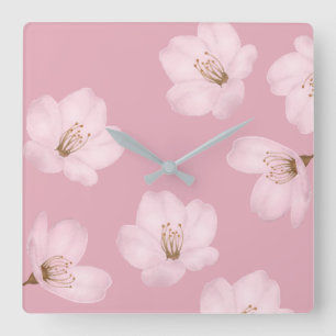 Aquarell-malvenfarbene Kirschblüten-Wanduhr Quadratische Wanduhr