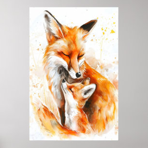 Aquarell-Mama-Fuchs-und-Kind-Kinderzimmer-Druck Poster