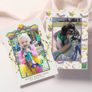 Aquarell-Mardi-Gras-Masken King Cake-Krone Foto Feiertagskarte