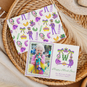 Aquarell-Mardi-Gras-Monogrammwappen-Foto Feiertagskarte