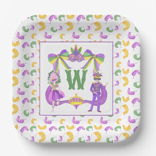 Aquarell-Mardi-Gras-Monogrammwappen Pappteller