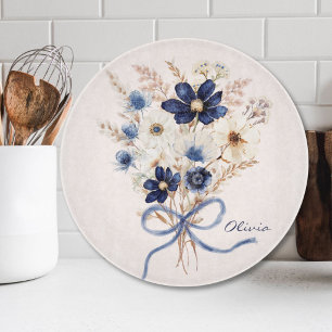 Aquarell Marineblau Blumenstrauß Personalisiert Schneidebrett
