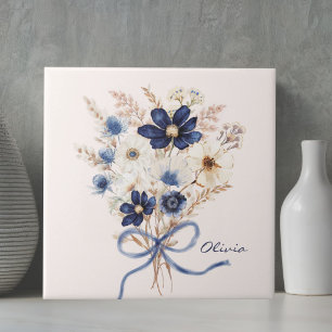 Aquarell Marineblaue Blumenbouquet Personalisiert Fliese