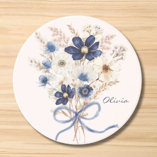 Aquarell Marineblaue Blumenbouquet Personalisiert Getränkeuntersetzer