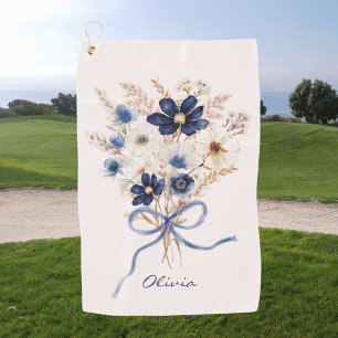 Aquarell Marineblaue Blumenbouquet Personalisiert Golfhandtuch