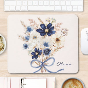 Aquarell Marineblaue Blumenbouquet Personalisiert Mousepad