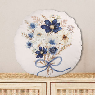 Aquarell Marineblaue Blumenstrauß Floral Rundes Kissen