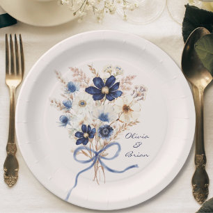 Aquarell Marineblaue Blumenstrauß Personalisiert Pappteller