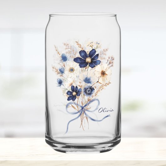 Aquarell Marineblauer Blumenstrauß Personalisiert Dosenglas