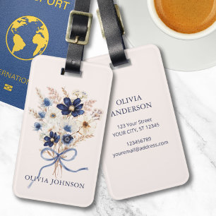 Aquarell Marineblauer Blumenstrauß Personalisiert Gepäckanhänger