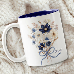 Aquarell Marineblauer Blumenstrauß Personalisiert Zweifarbige Tasse