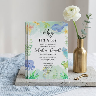 Aquarell Meerestiere Blaues Ozean Baby Shower Einladung