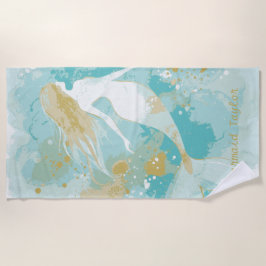 Aquarell Meerjungfrau Gold und Aqua Personalisiert Strandtuch