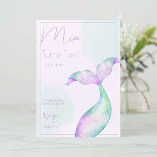 Aquarell Meerjungfrau Schwanz Meerjungfrau Geburts Einladung (Stehend Vorderseite)