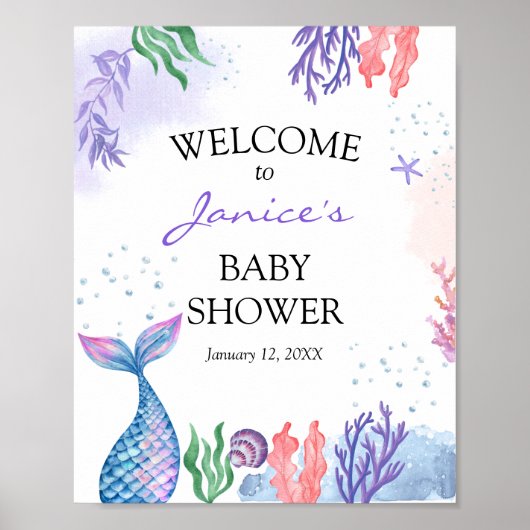 Aquarell Mermaid Baby Dusche Begrüßungszeichen Poster (Vorne)