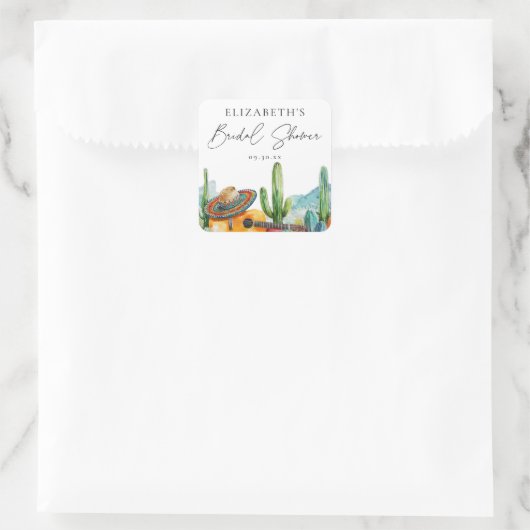 Aquarell Mexican Fiesta Cactus Brautparty Quadratischer Aufkleber (Tasche)
