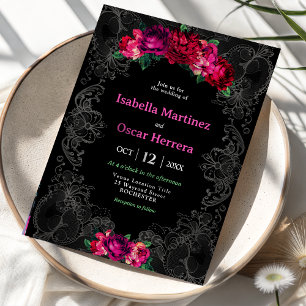 Aquarell Mexikanisch Rosa Blumen Hochzeit Schwarz Einladung